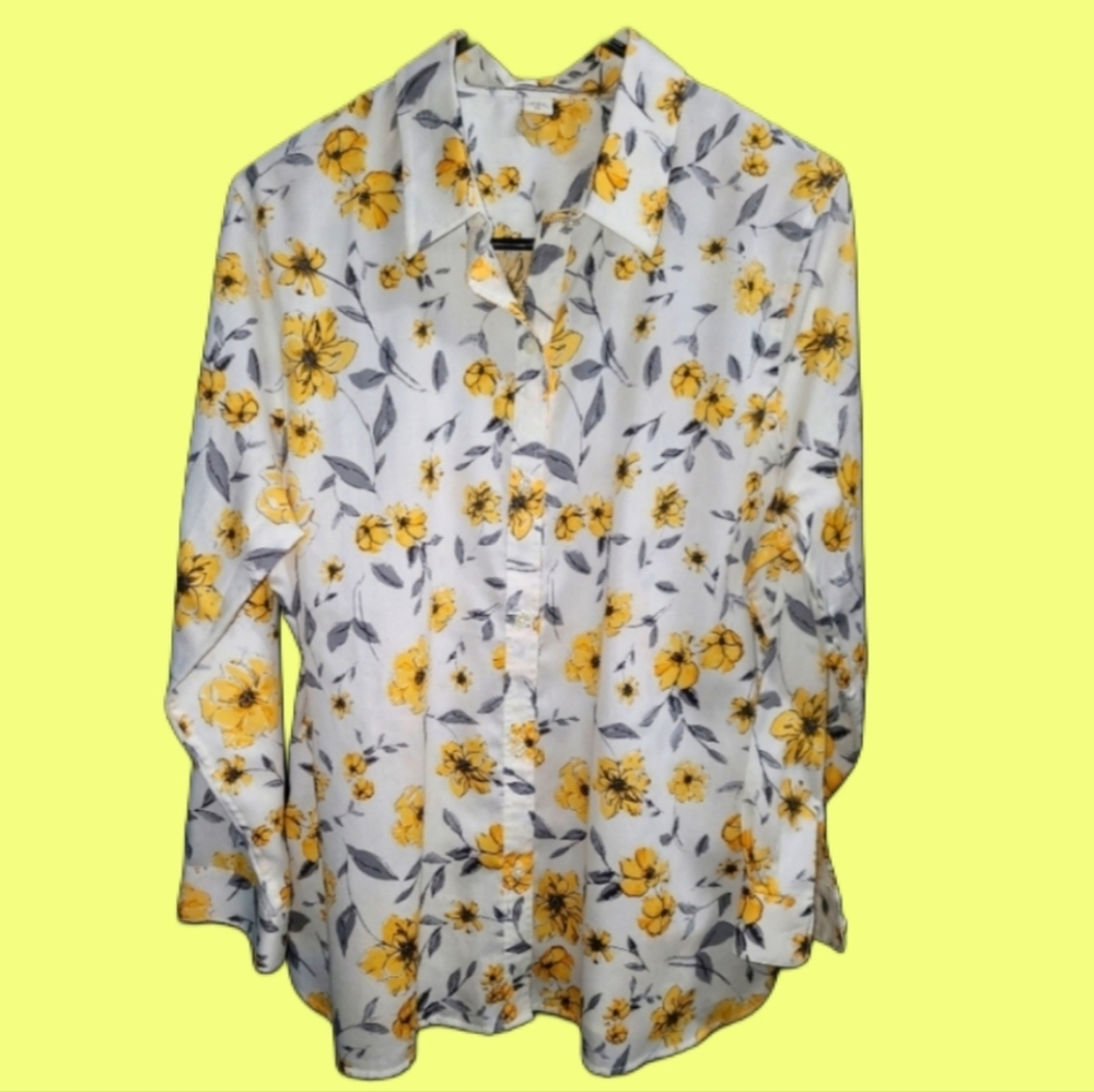 Coldwater Creek Yellow and Grey Floral Button Down Long Sleeve.